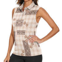 Hawaiian Quilt Tapa On Beige Palaka Motifs Women Sleeveless Polo Shirt