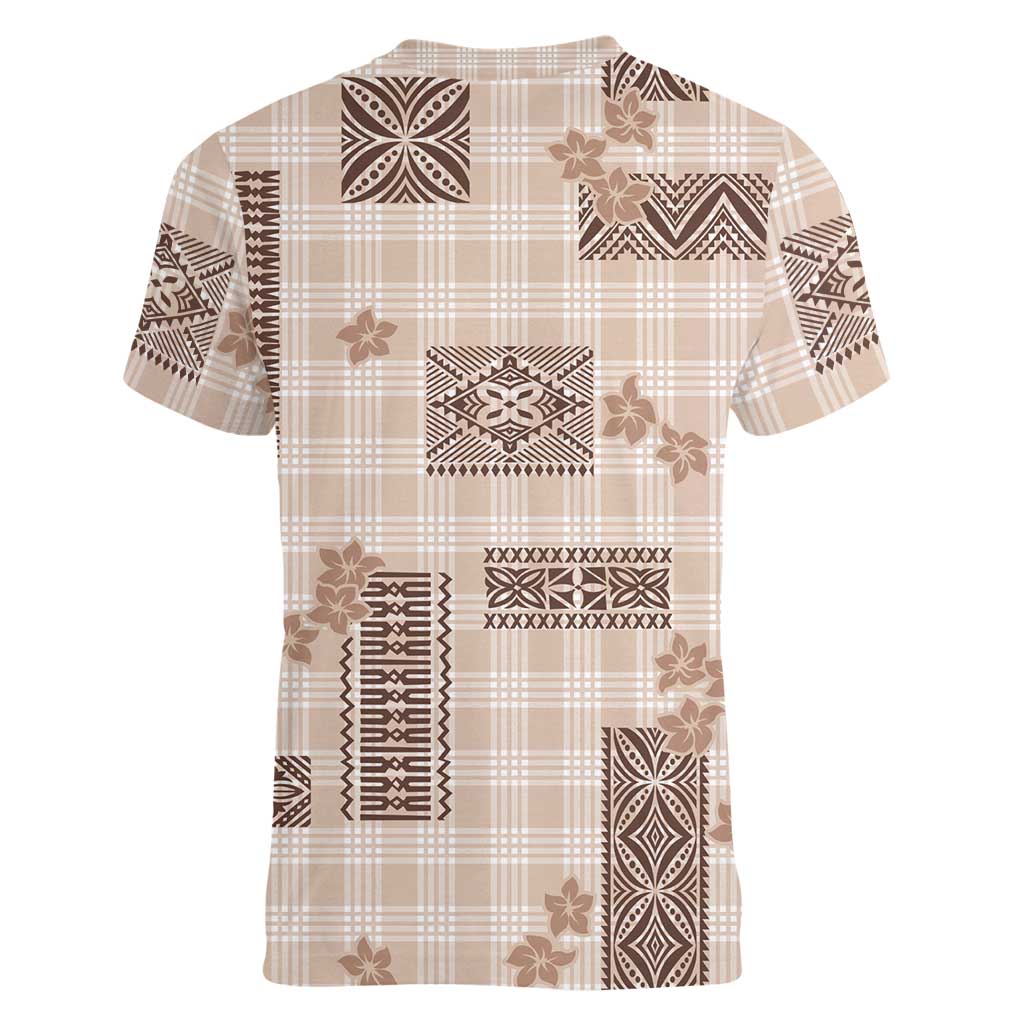 Hawaiian Quilt Tapa On Beige Palaka Motifs Women V-Neck T-Shirt