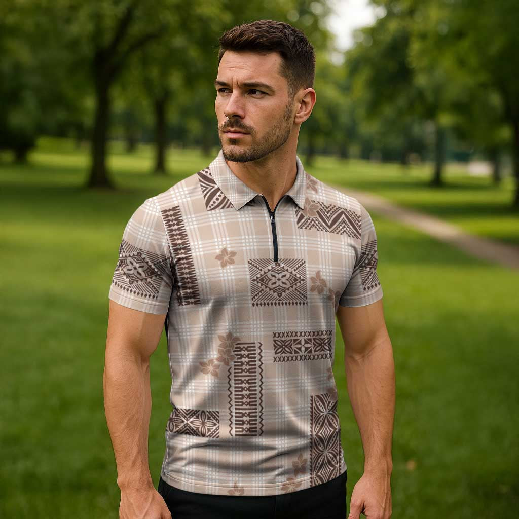 Hawaiian Quilt Tapa On Beige Palaka Motifs Zipper Polo Shirt