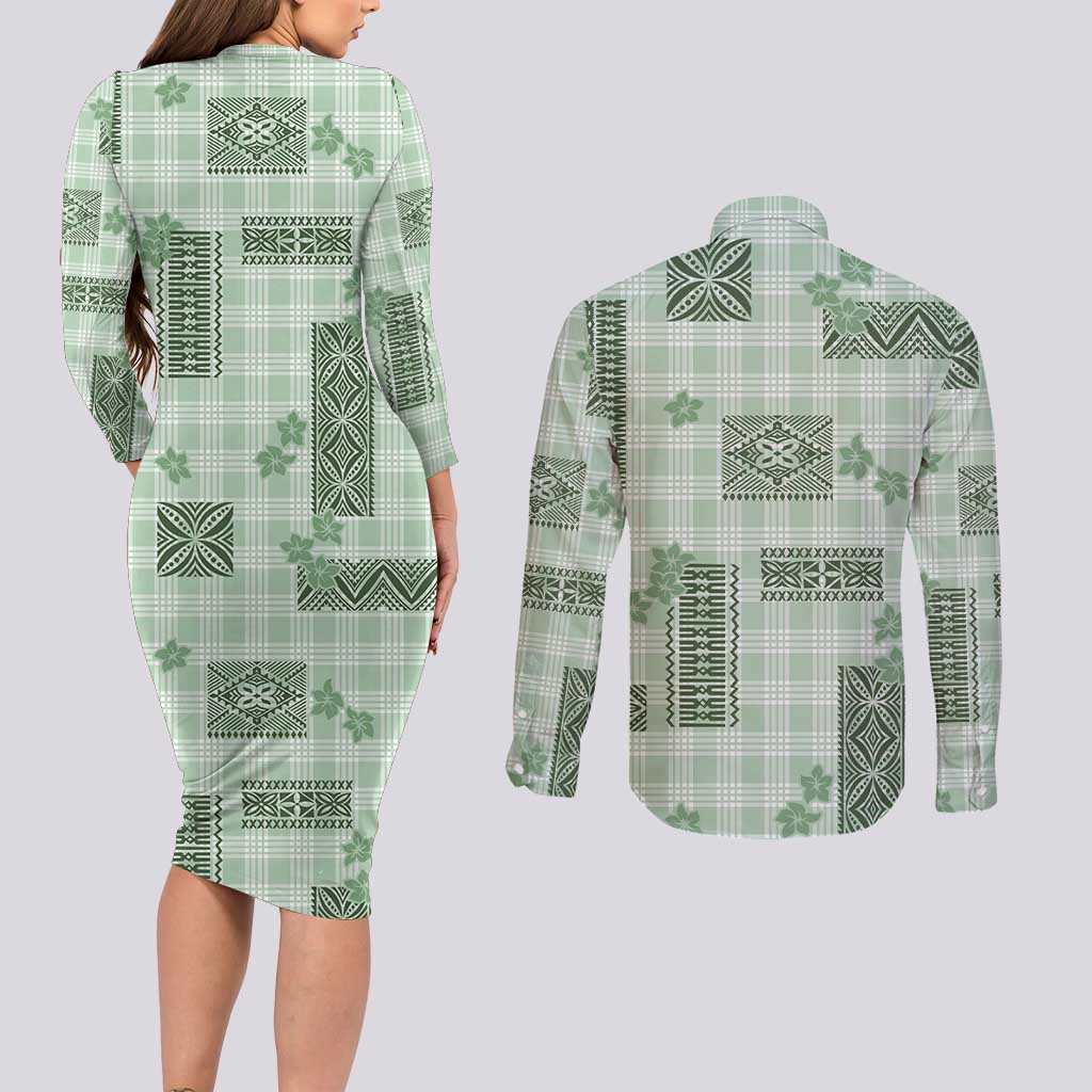 Hawaiian Quilt Tapa On Pastel Mint Palaka Motifs Couples Matching Long Sleeve Bodycon Dress and Long Sleeve Button Shirt