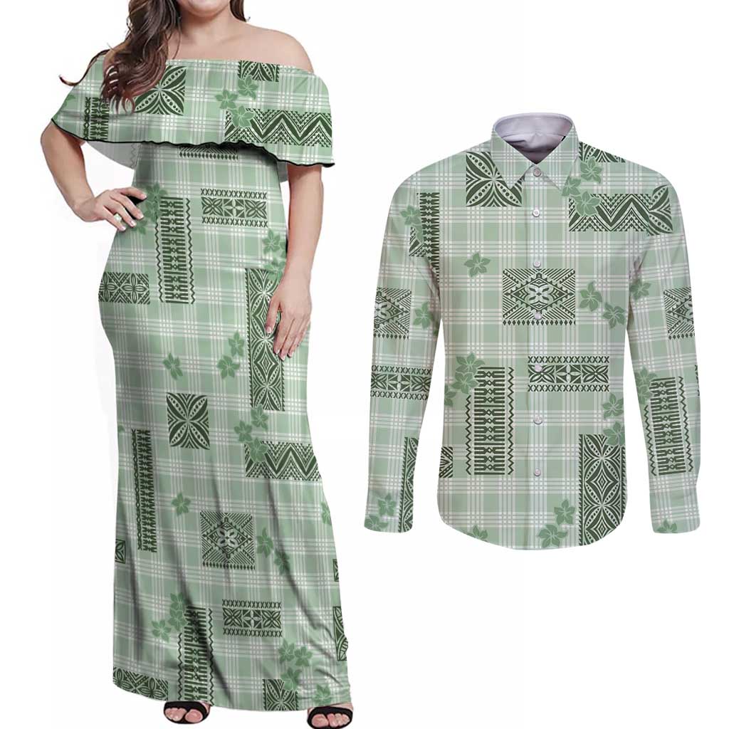 Hawaiian Quilt Tapa On Pastel Mint Palaka Motifs Couples Matching Off Shoulder Maxi Dress and Long Sleeve Button Shirt