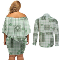 Hawaiian Quilt Tapa On Pastel Mint Palaka Motifs Couples Matching Off Shoulder Short Dress and Long Sleeve Button Shirt