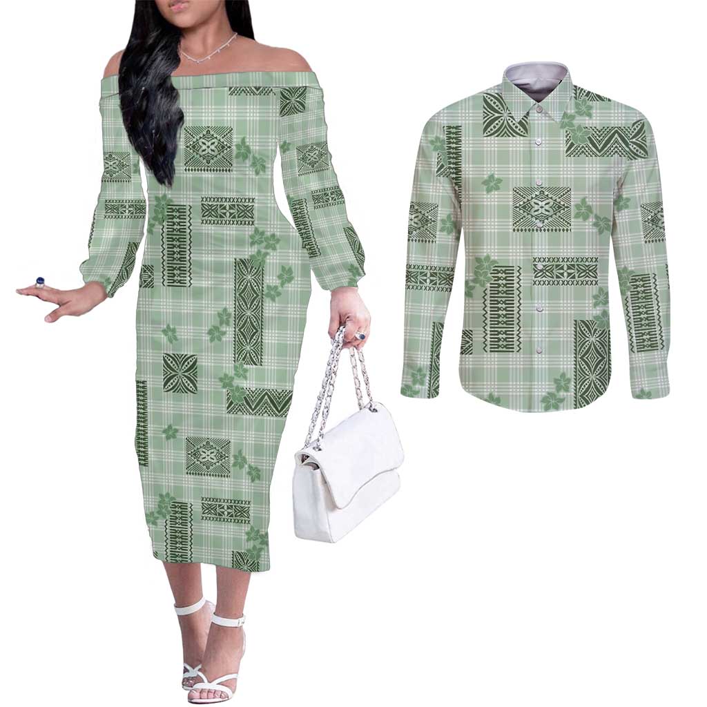 Hawaiian Quilt Tapa On Pastel Mint Palaka Motifs Couples Matching Off The Shoulder Long Sleeve Dress and Long Sleeve Button Shirt