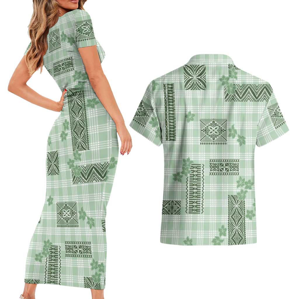 Hawaiian Quilt Tapa On Pastel Mint Palaka Motifs Couples Matching Short Sleeve Bodycon Dress and Hawaiian Shirt