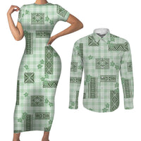 Hawaiian Quilt Tapa On Pastel Mint Palaka Motifs Couples Matching Short Sleeve Bodycon Dress and Long Sleeve Button Shirt