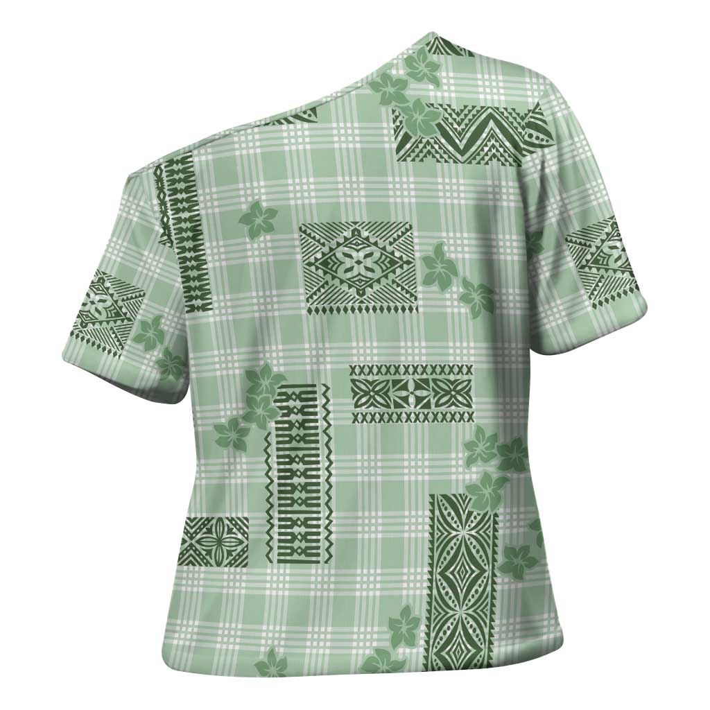 Hawaiian Quilt Tapa On Pastel Mint Palaka Motifs Cross Shoulder Shirt