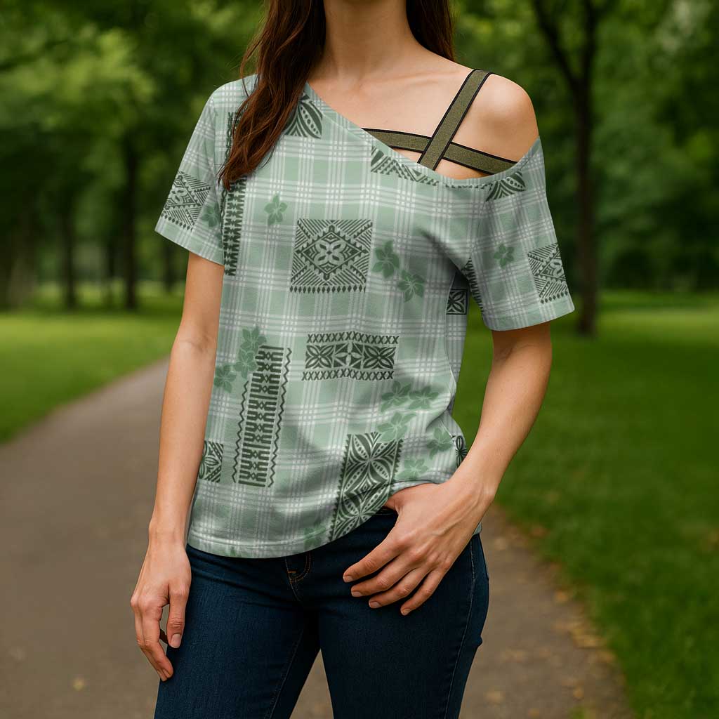 Hawaiian Quilt Tapa On Pastel Mint Palaka Motifs Cross Shoulder Shirt