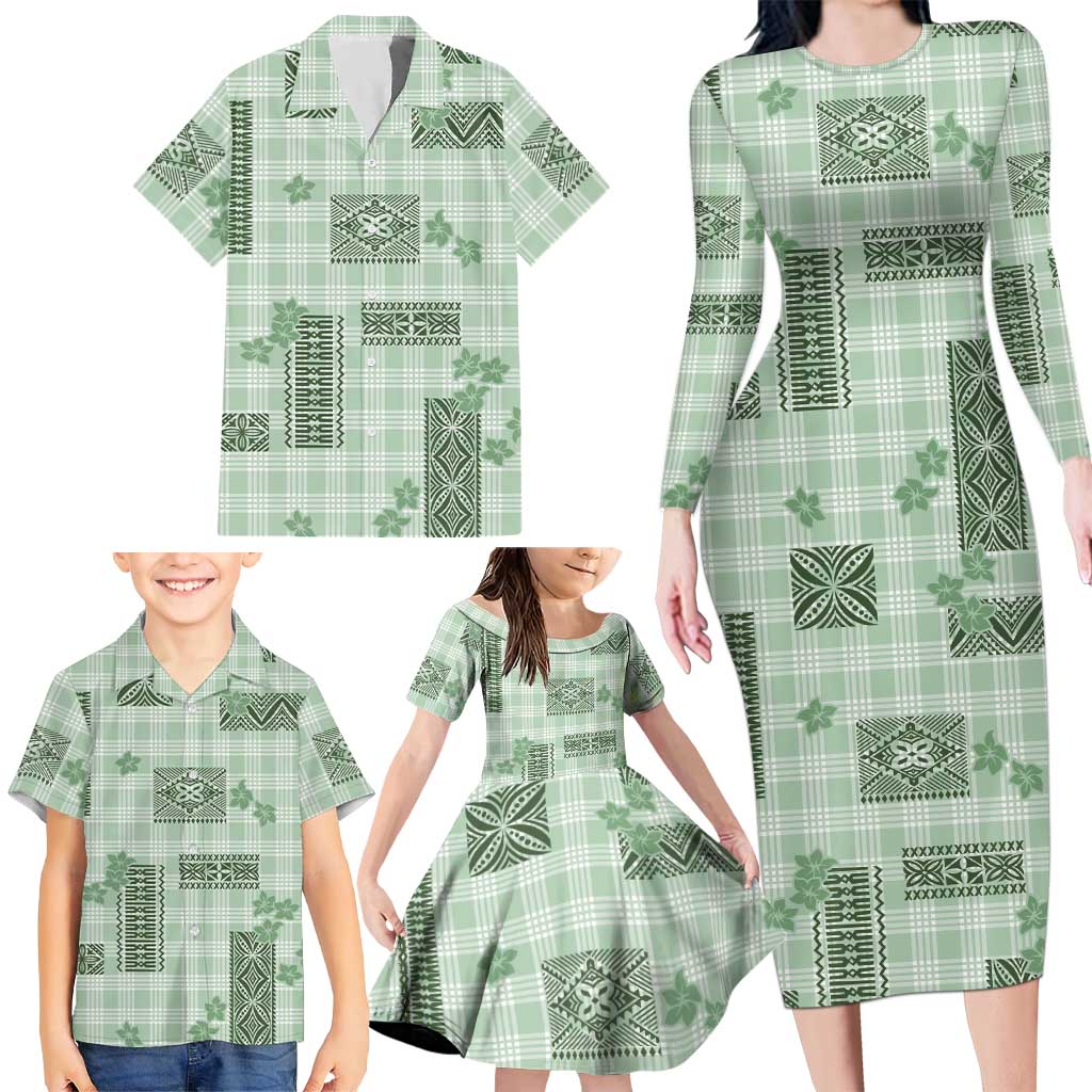 Hawaiian Quilt Tapa On Pastel Mint Palaka Motifs Family Matching Long Sleeve Bodycon Dress and Hawaiian Shirt LT7 - Polynesian Pride