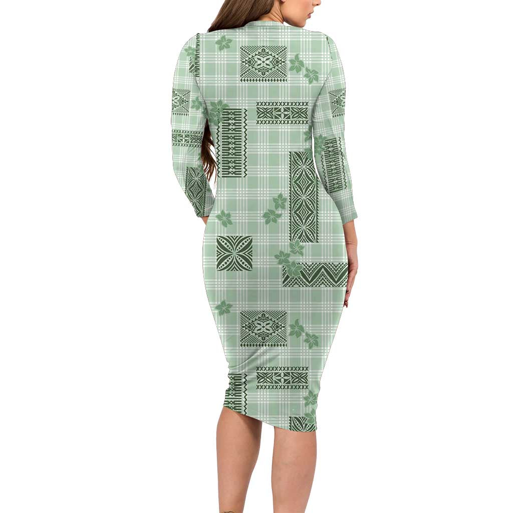 Hawaiian Quilt Tapa On Pastel Mint Palaka Motifs Family Matching Long Sleeve Bodycon Dress and Hawaiian Shirt