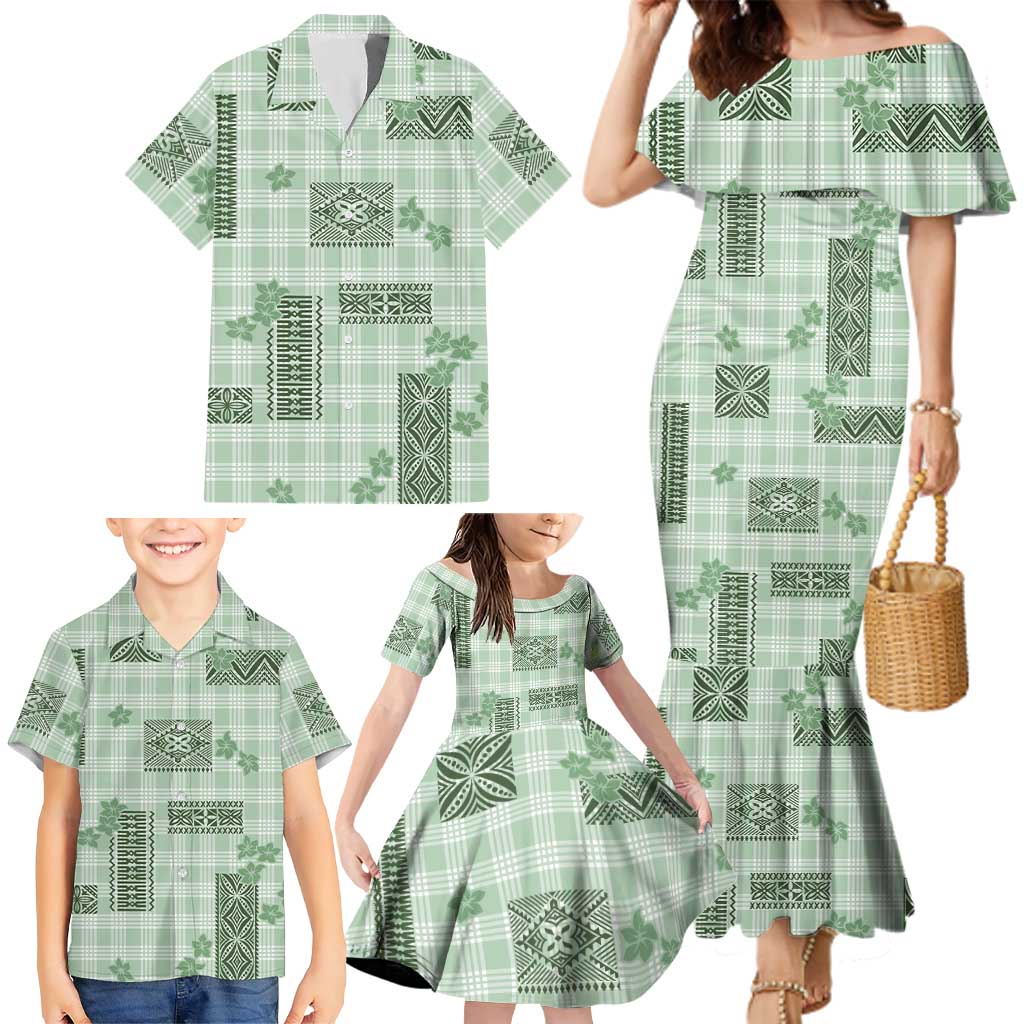 Hawaiian Quilt Tapa On Pastel Mint Palaka Motifs Family Matching Mermaid Dress and Hawaiian Shirt