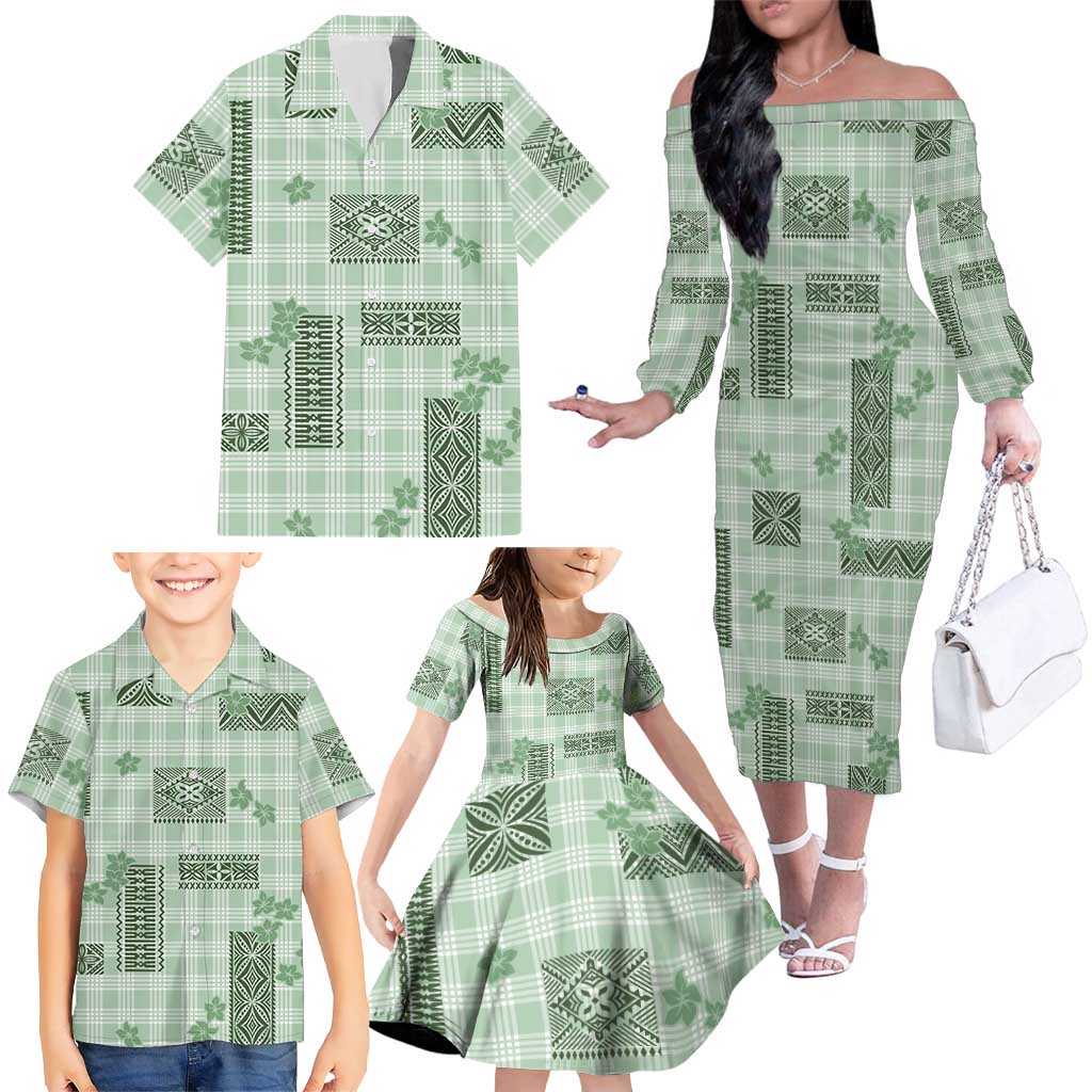 Hawaiian Quilt Tapa On Pastel Mint Palaka Motifs Family Matching Off The Shoulder Long Sleeve Dress and Hawaiian Shirt