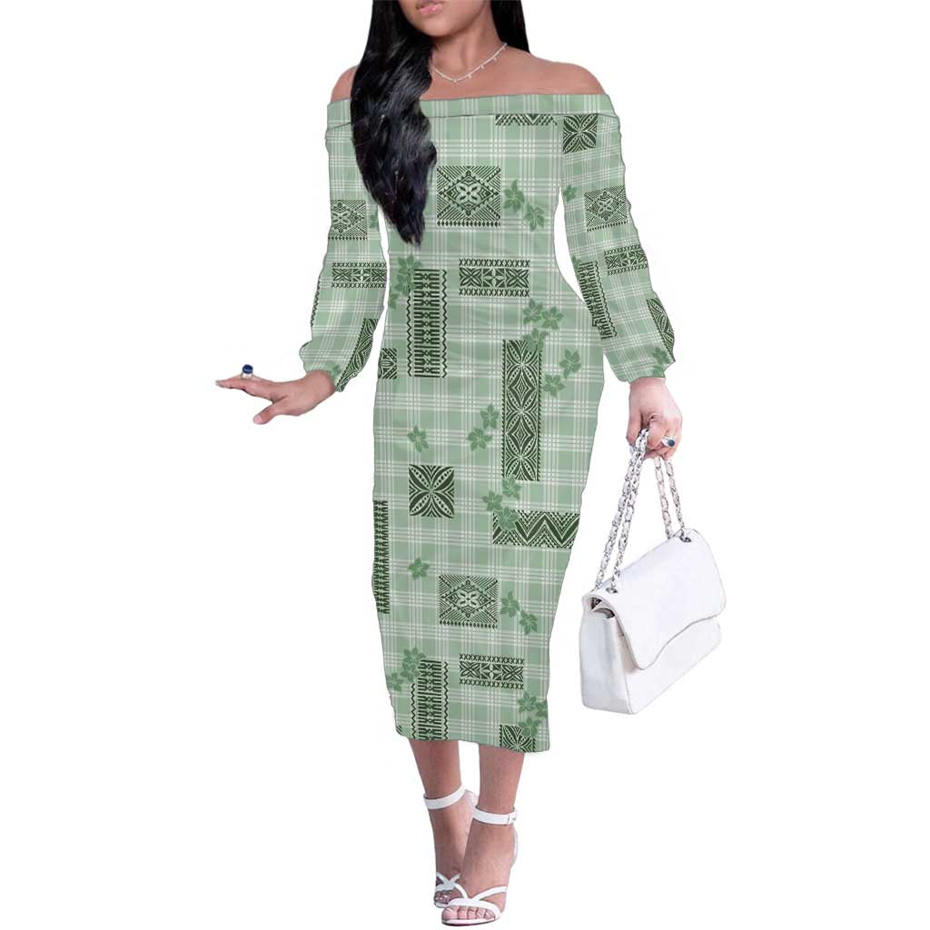Hawaiian Quilt Tapa On Pastel Mint Palaka Motifs Family Matching Off The Shoulder Long Sleeve Dress and Hawaiian Shirt