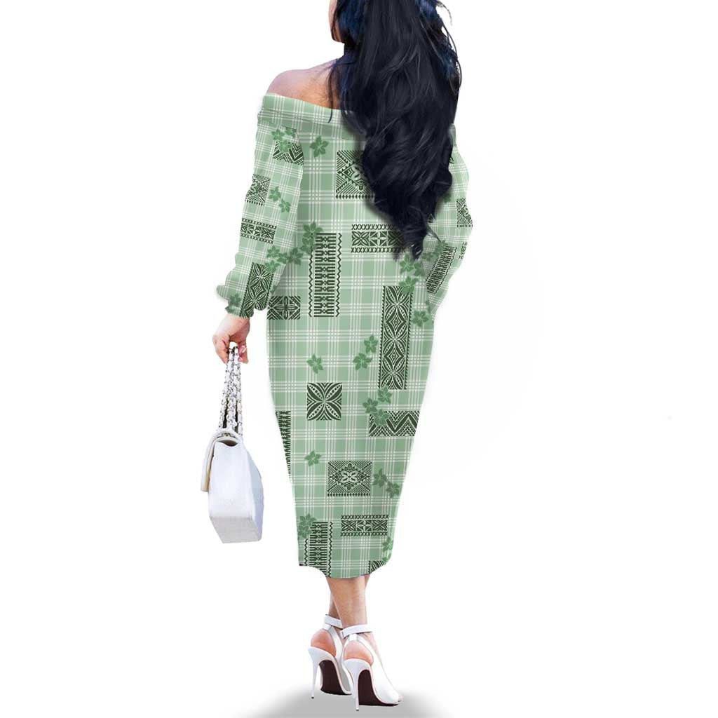 Hawaiian Quilt Tapa On Pastel Mint Palaka Motifs Family Matching Off The Shoulder Long Sleeve Dress and Hawaiian Shirt