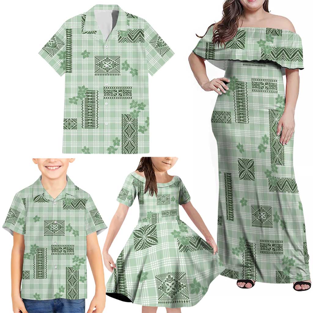 Hawaiian Quilt Tapa On Pastel Mint Palaka Motifs Family Matching Off Shoulder Maxi Dress and Hawaiian Shirt