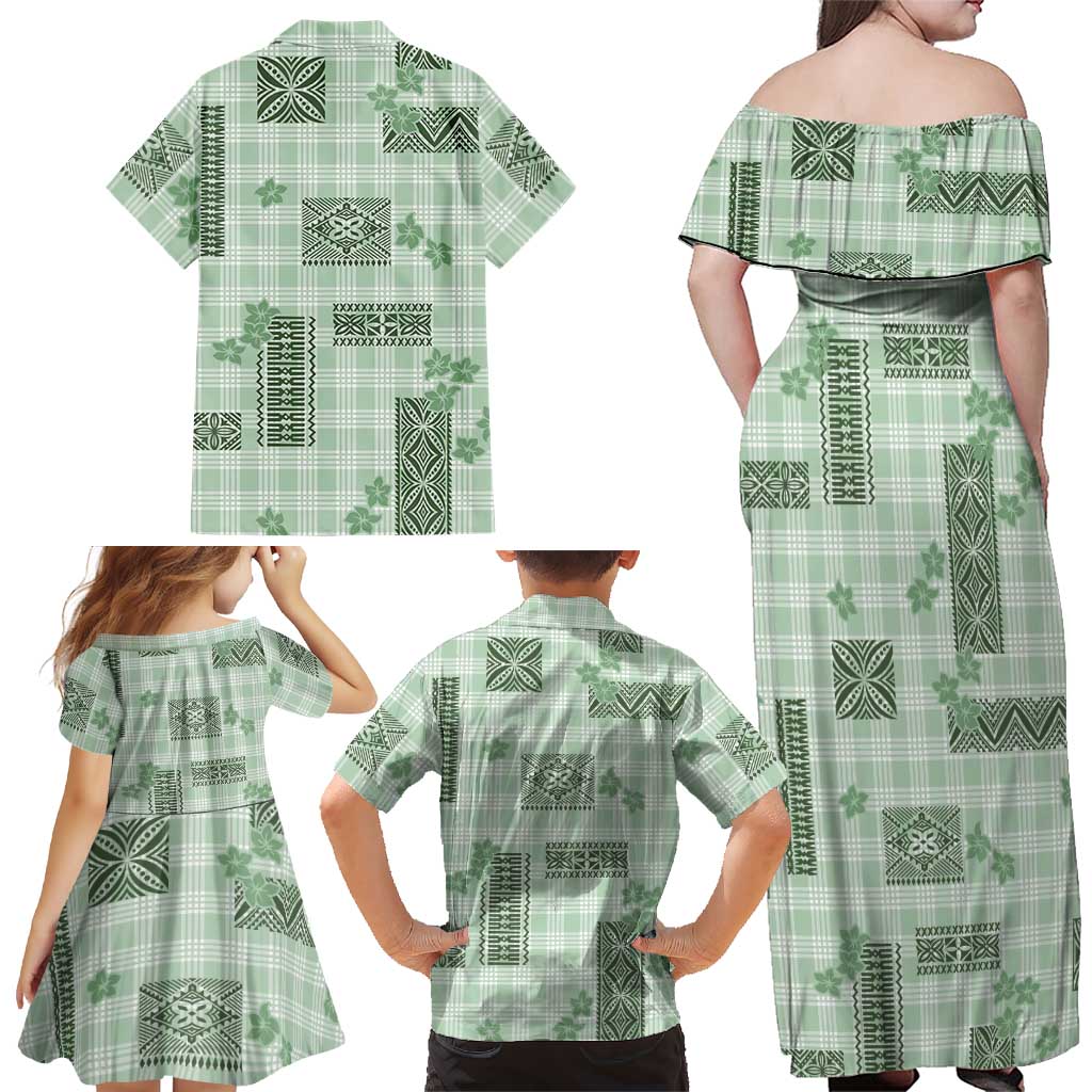 Hawaiian Quilt Tapa On Pastel Mint Palaka Motifs Family Matching Off Shoulder Maxi Dress and Hawaiian Shirt