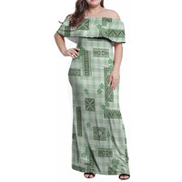 Hawaiian Quilt Tapa On Pastel Mint Palaka Motifs Family Matching Off Shoulder Maxi Dress and Hawaiian Shirt