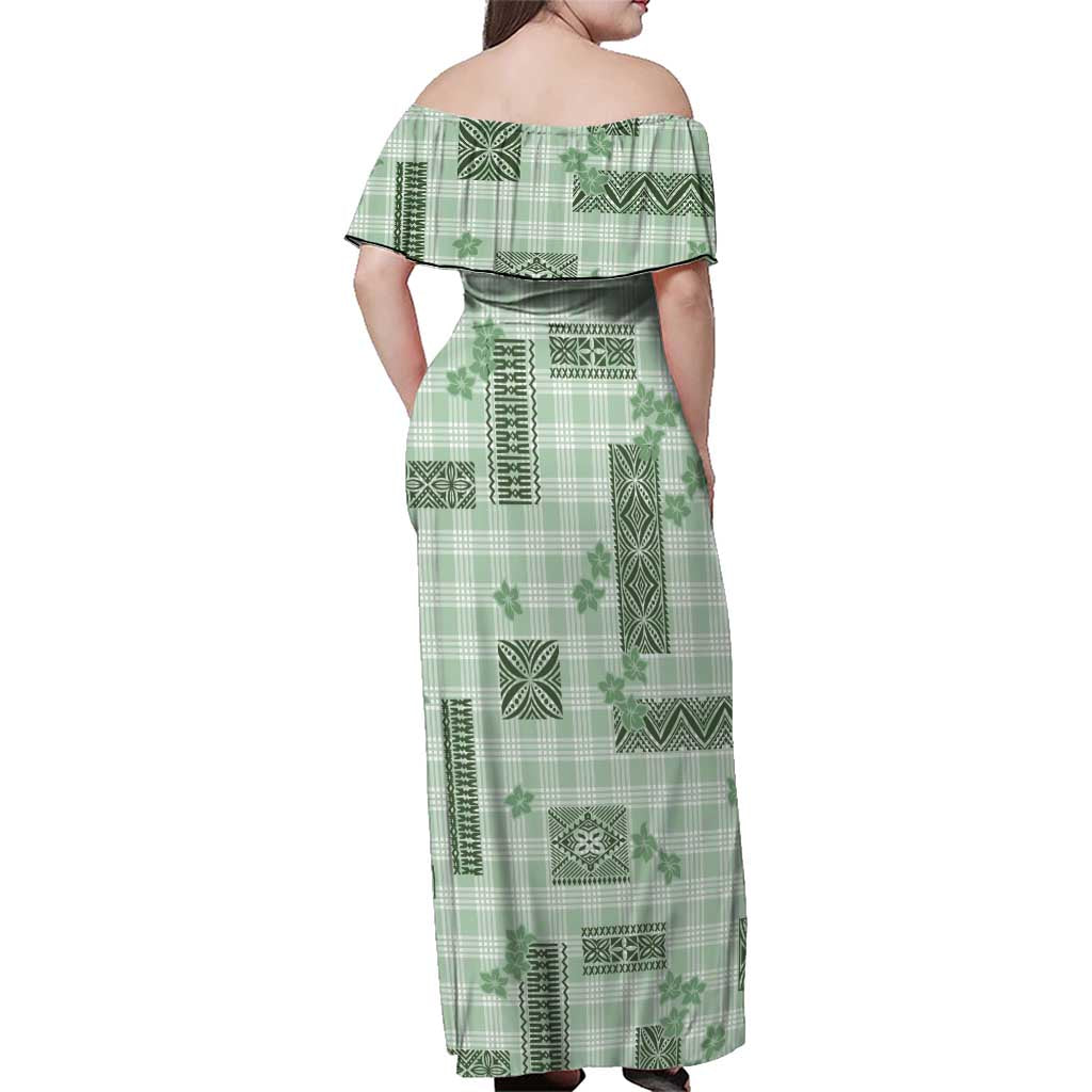 Hawaiian Quilt Tapa On Pastel Mint Palaka Motifs Family Matching Off Shoulder Maxi Dress and Hawaiian Shirt