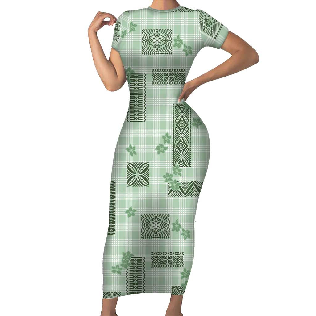 Hawaiian Quilt Tapa On Pastel Mint Palaka Motifs Family Matching Short Sleeve Bodycon Dress and Hawaiian Shirt