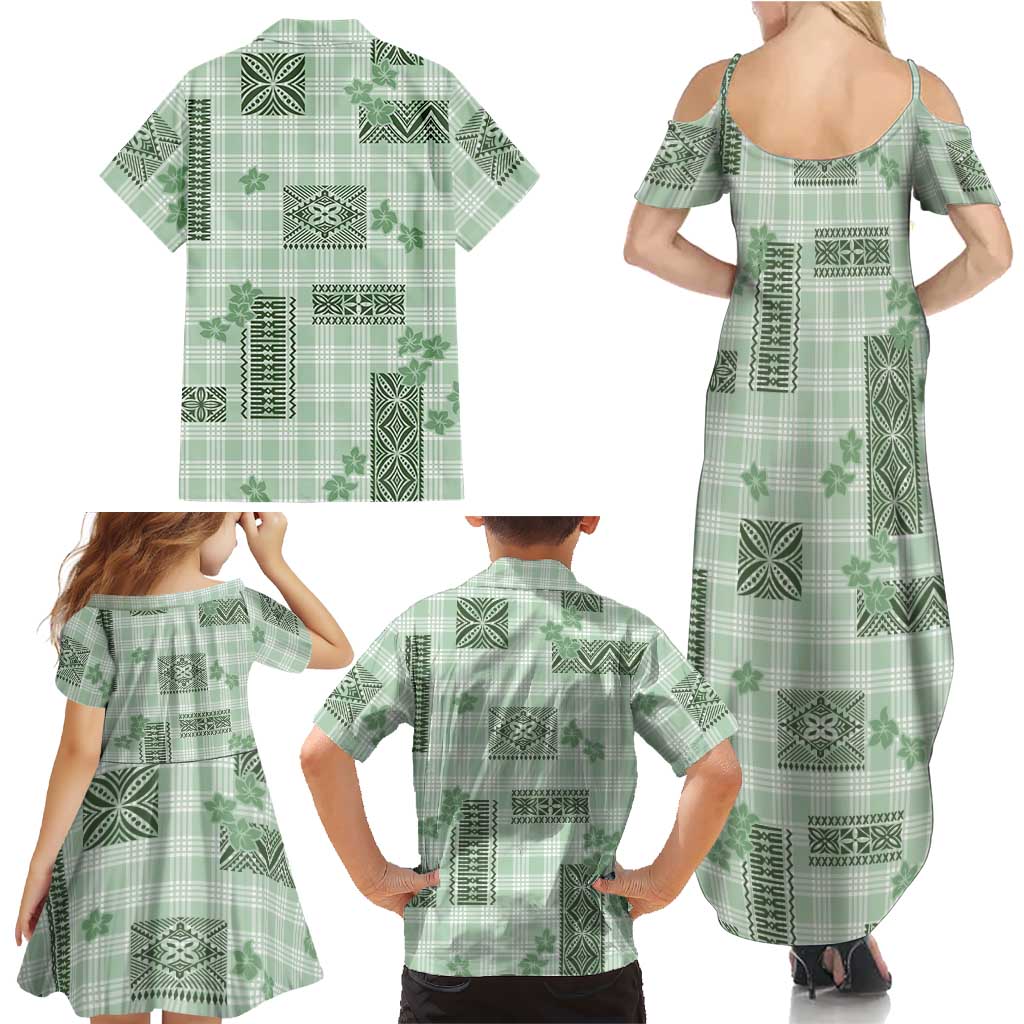 Hawaiian Quilt Tapa On Pastel Mint Palaka Motifs Family Matching Summer Maxi Dress and Hawaiian Shirt