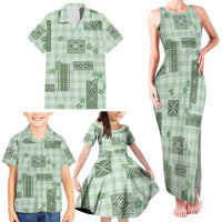 Hawaiian Quilt Tapa On Pastel Mint Palaka Motifs Family Matching Tank Maxi Dress and Hawaiian Shirt