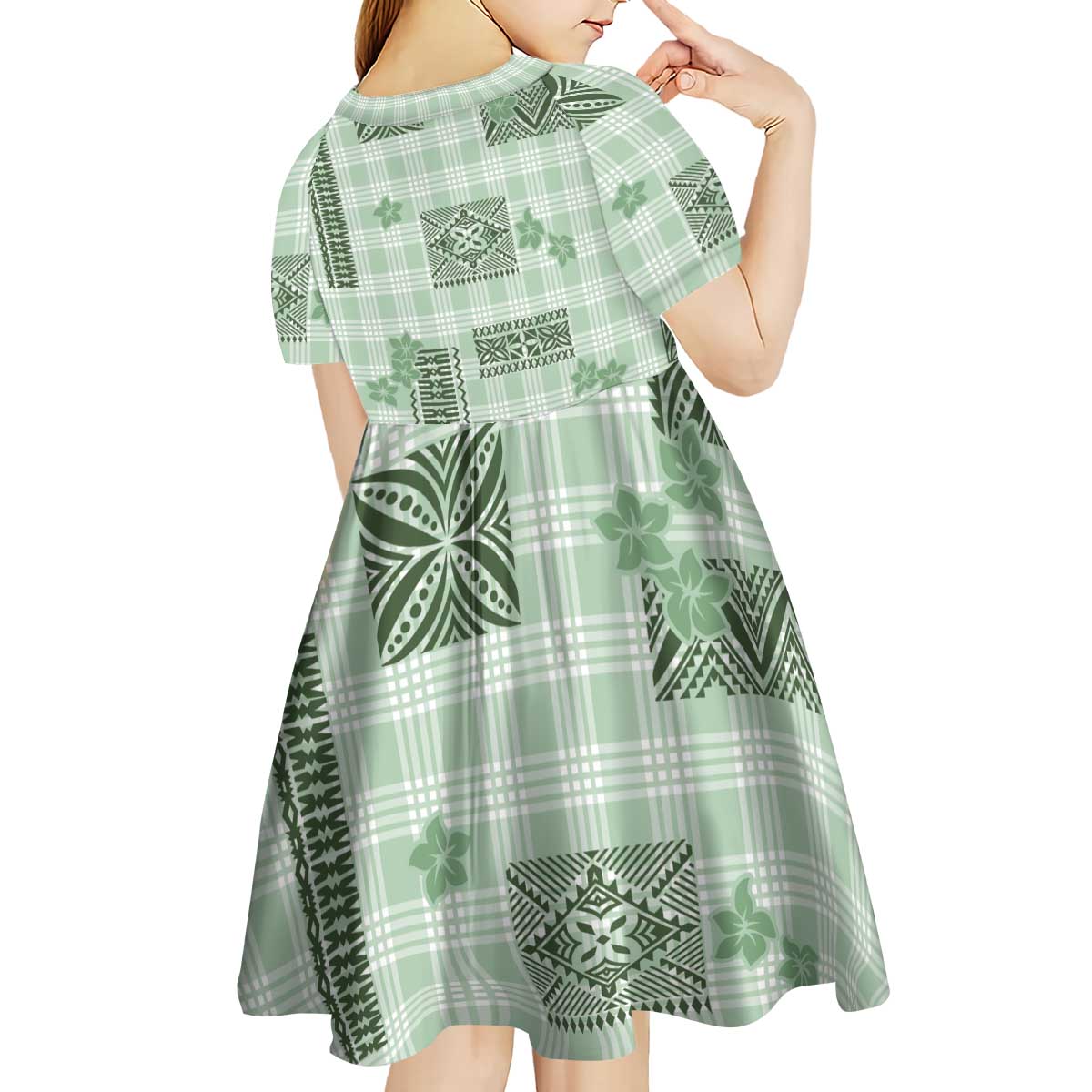 Hawaiian Quilt Tapa On Pastel Mint Palaka Motifs Kid Short Sleeve Dress