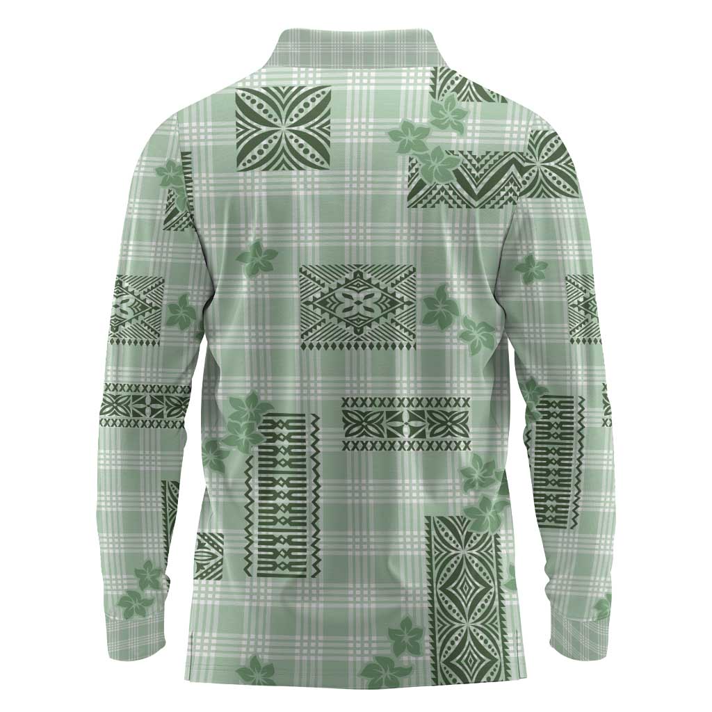 Hawaiian Quilt Tapa On Pastel Mint Palaka Motifs Long Sleeve Polo Shirt