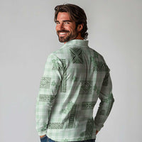 Hawaiian Quilt Tapa On Pastel Mint Palaka Motifs Long Sleeve Polo Shirt