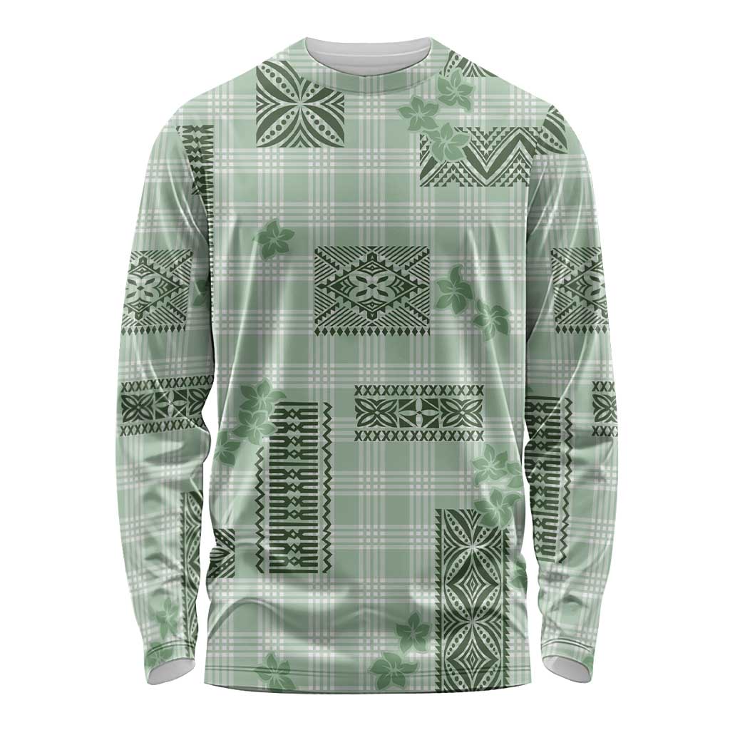 Hawaiian Quilt Tapa On Pastel Mint Palaka Motifs Long Sleeve Shirt