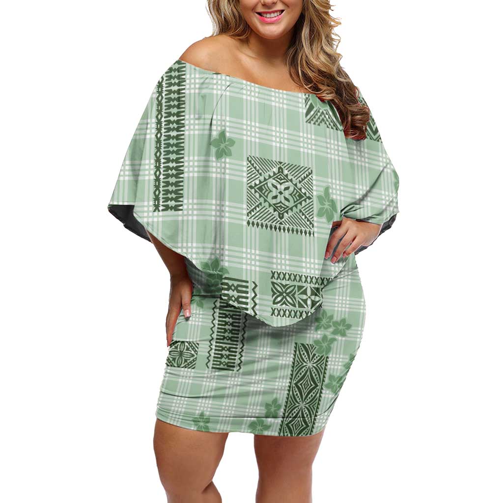 Hawaiian Quilt Tapa On Pastel Mint Palaka Motifs Off Shoulder Short Dress