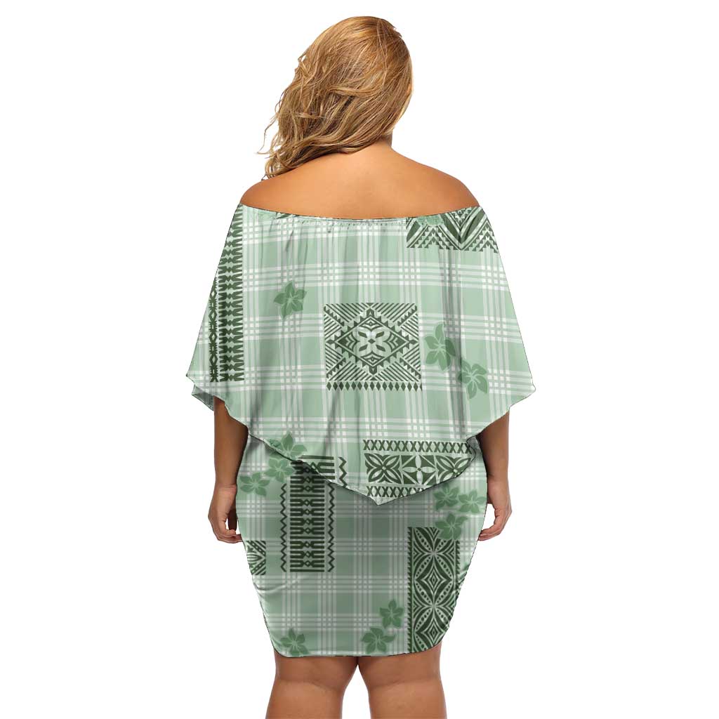 Hawaiian Quilt Tapa On Pastel Mint Palaka Motifs Off Shoulder Short Dress