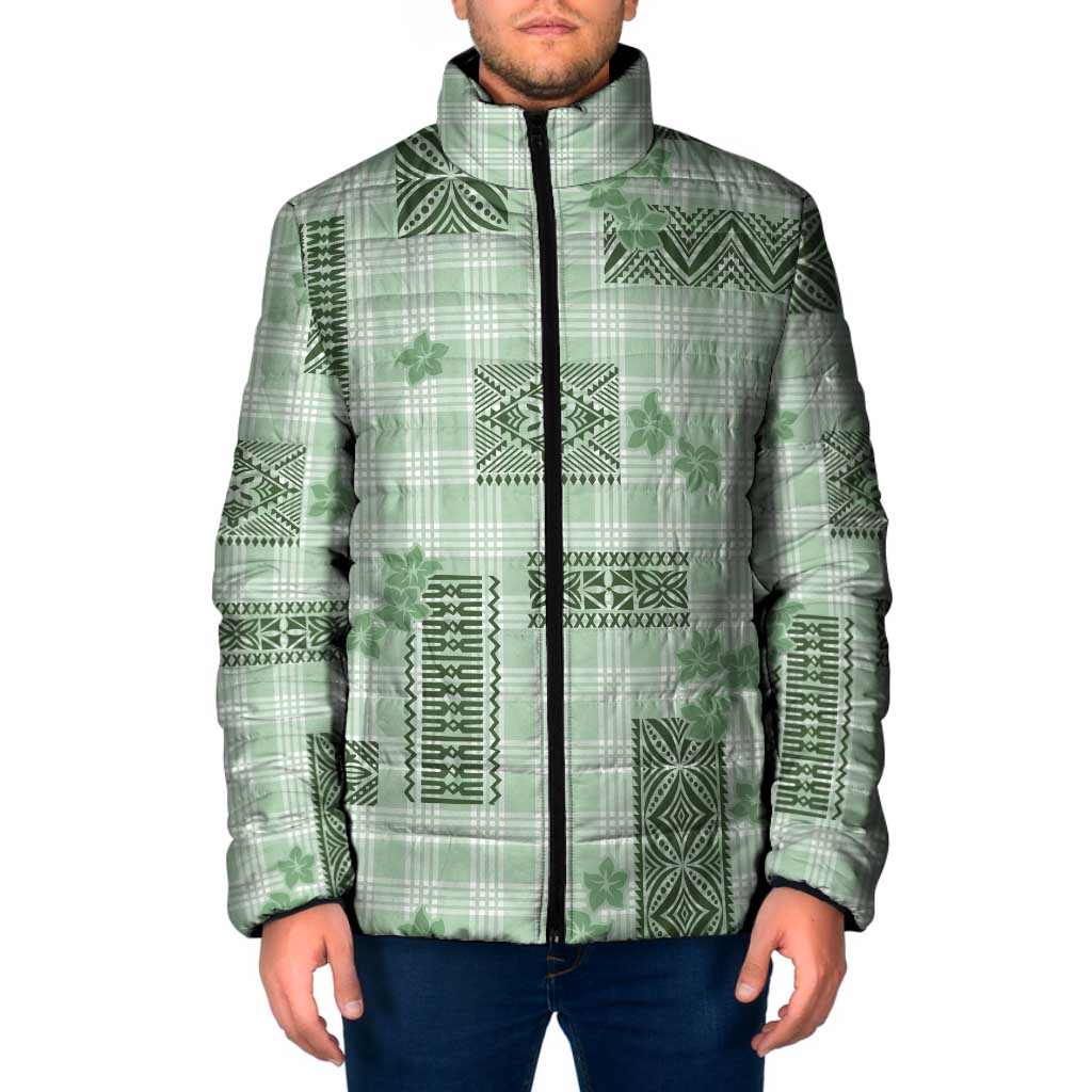 Hawaiian Quilt Tapa On Pastel Mint Palaka Motifs Padded Jacket