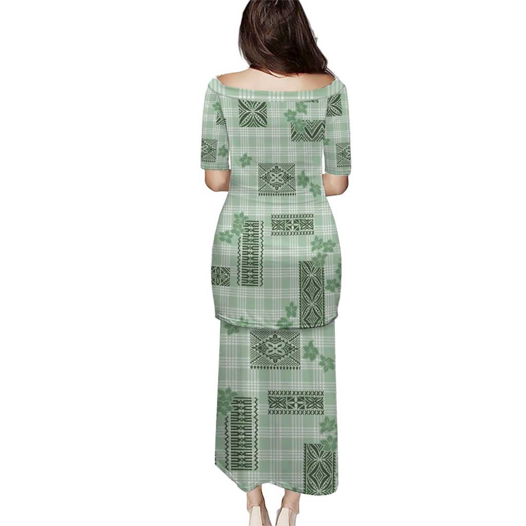 Hawaiian Quilt Tapa On Pastel Mint Palaka Motifs Puletasi