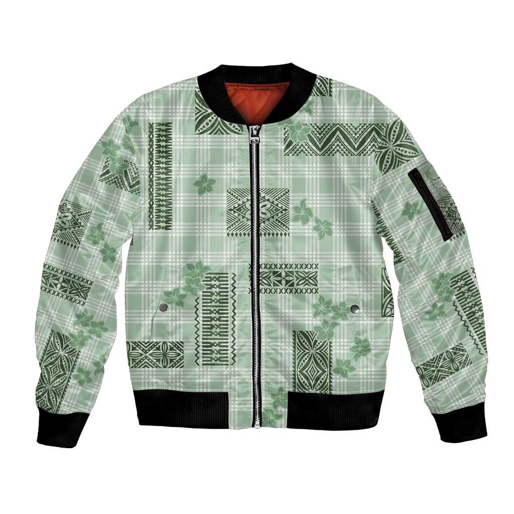 Hawaiian Quilt Tapa On Pastel Mint Palaka Motifs Sleeve Zip Bomber Jacket