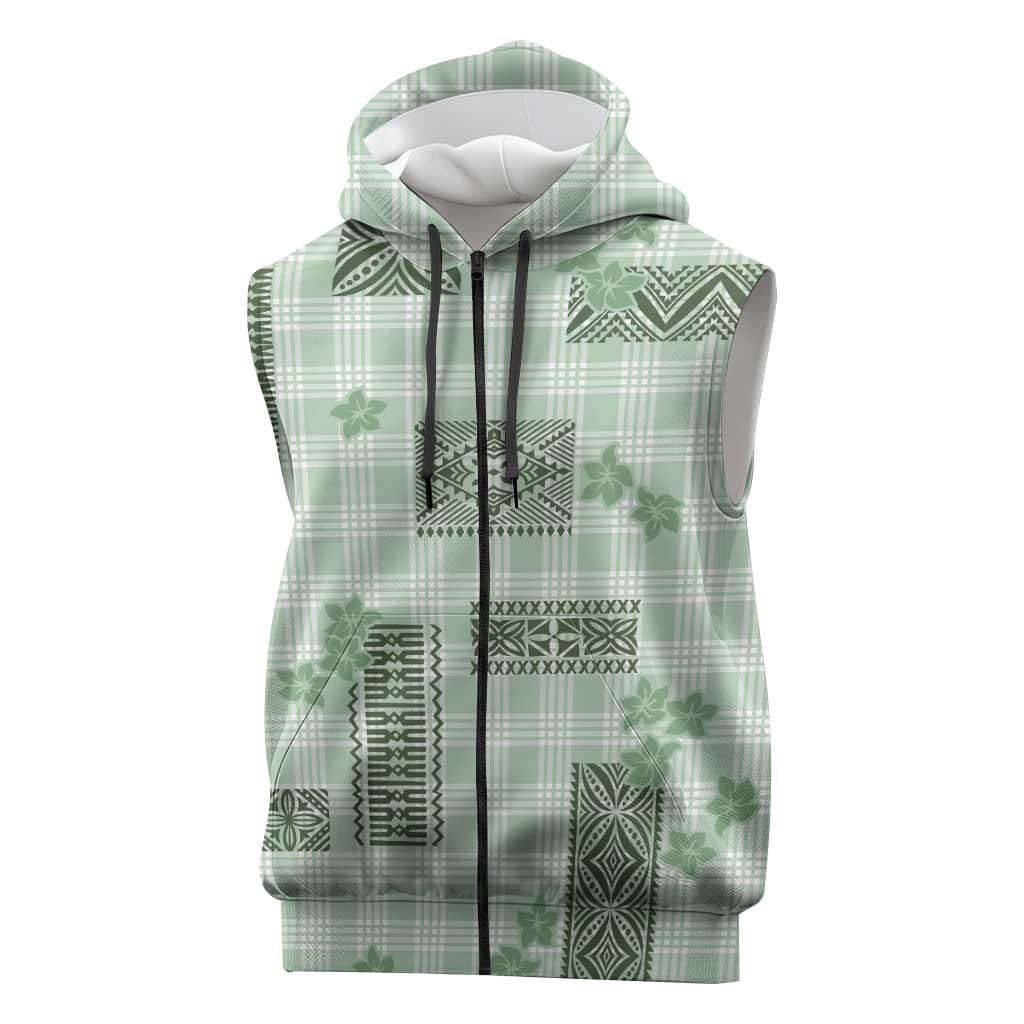 Hawaiian Quilt Tapa On Pastel Mint Palaka Motifs Sleeveless Zip Hoodie LT7 Mint - Polynesian Pride
