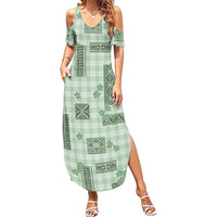 Hawaiian Quilt Tapa On Pastel Mint Palaka Motifs Summer Maxi Dress