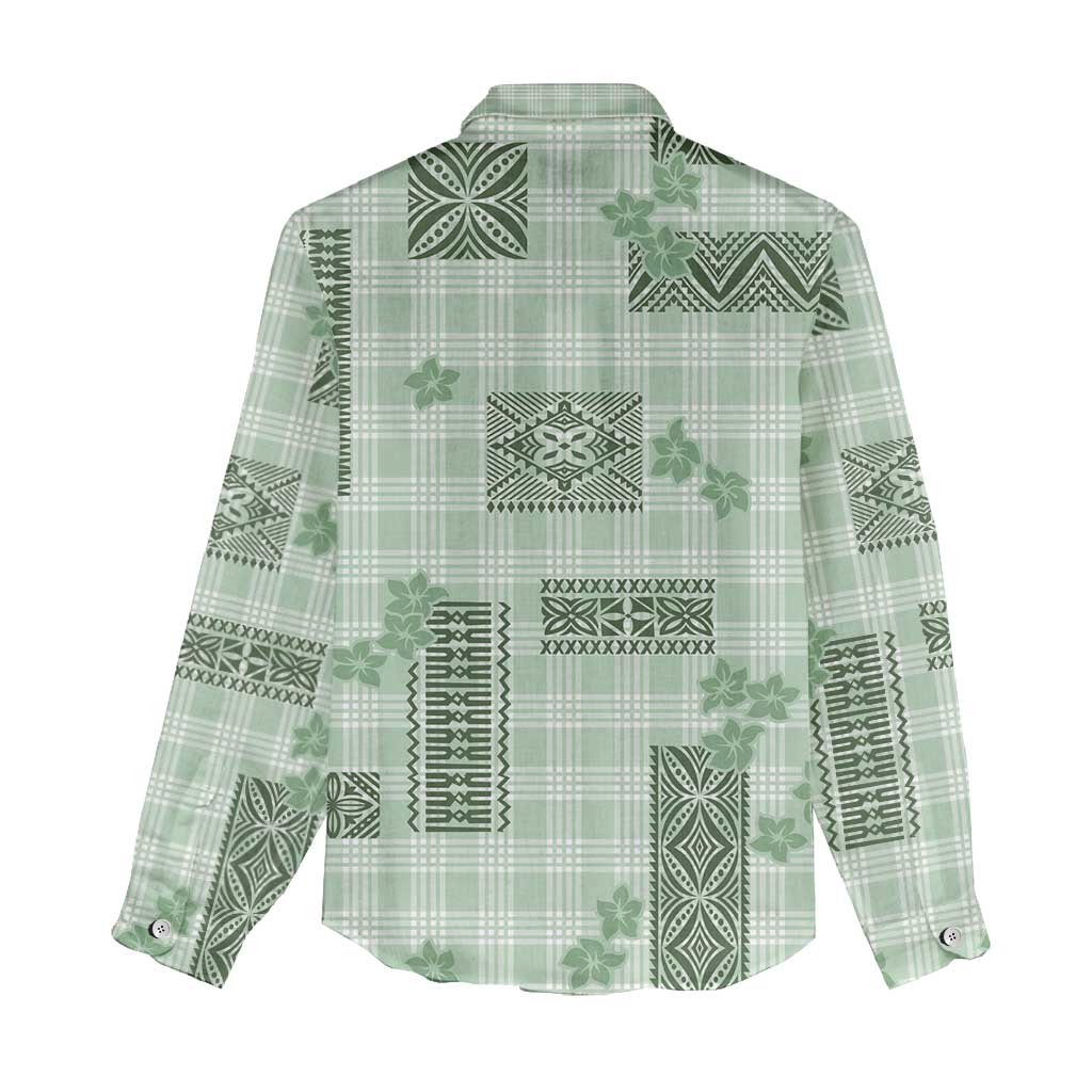 Hawaiian Quilt Tapa On Pastel Mint Palaka Motifs Women Casual Shirt