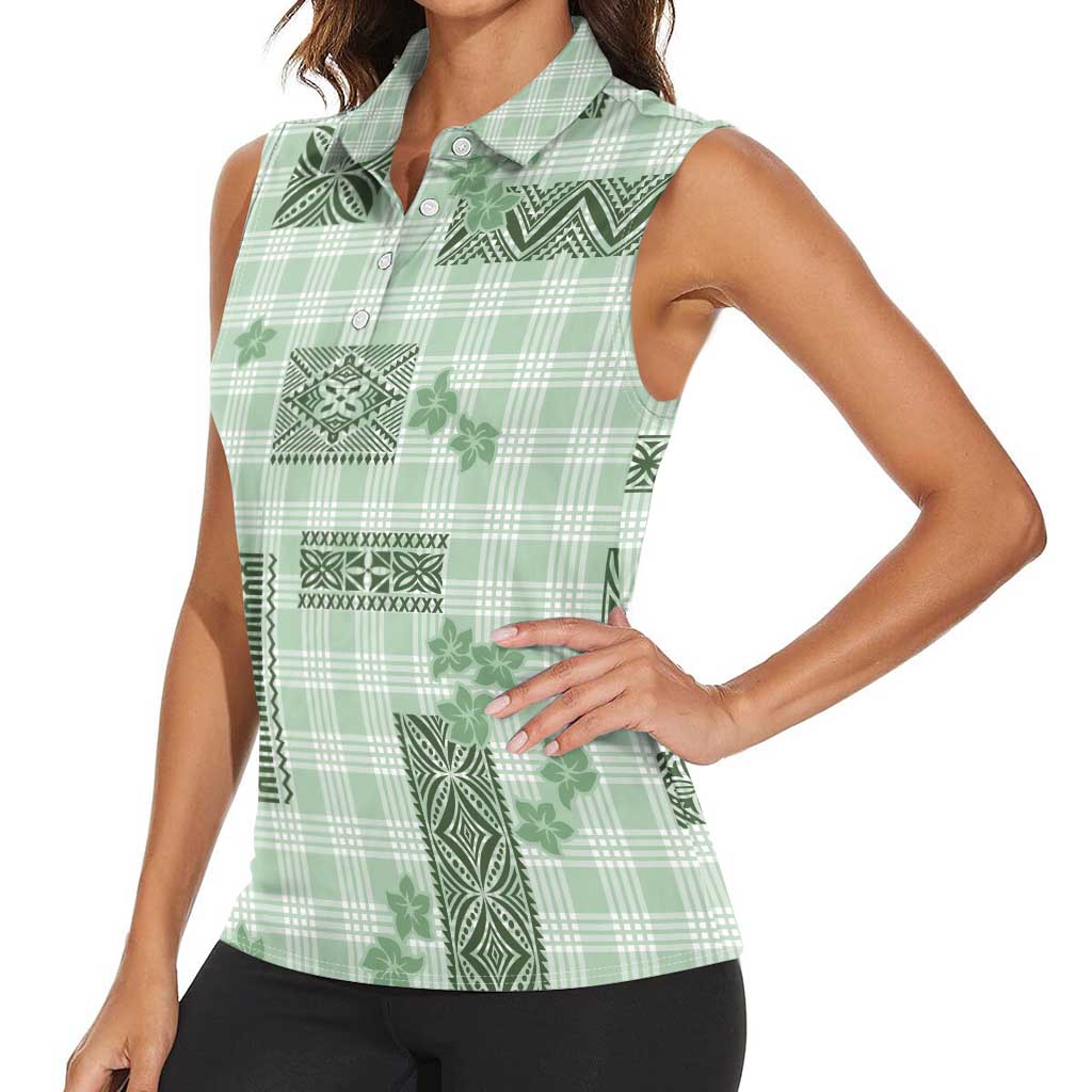 Hawaiian Quilt Tapa On Pastel Mint Palaka Motifs Women Sleeveless Polo Shirt