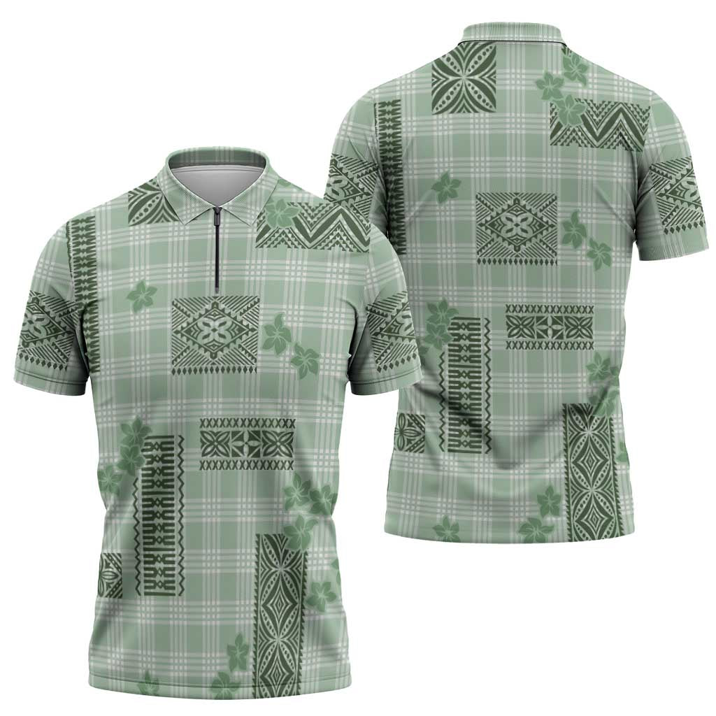 Hawaiian Quilt Tapa On Pastel Mint Palaka Motifs Zipper Polo Shirt