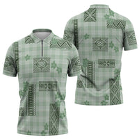 Hawaiian Quilt Tapa On Pastel Mint Palaka Motifs Zipper Polo Shirt