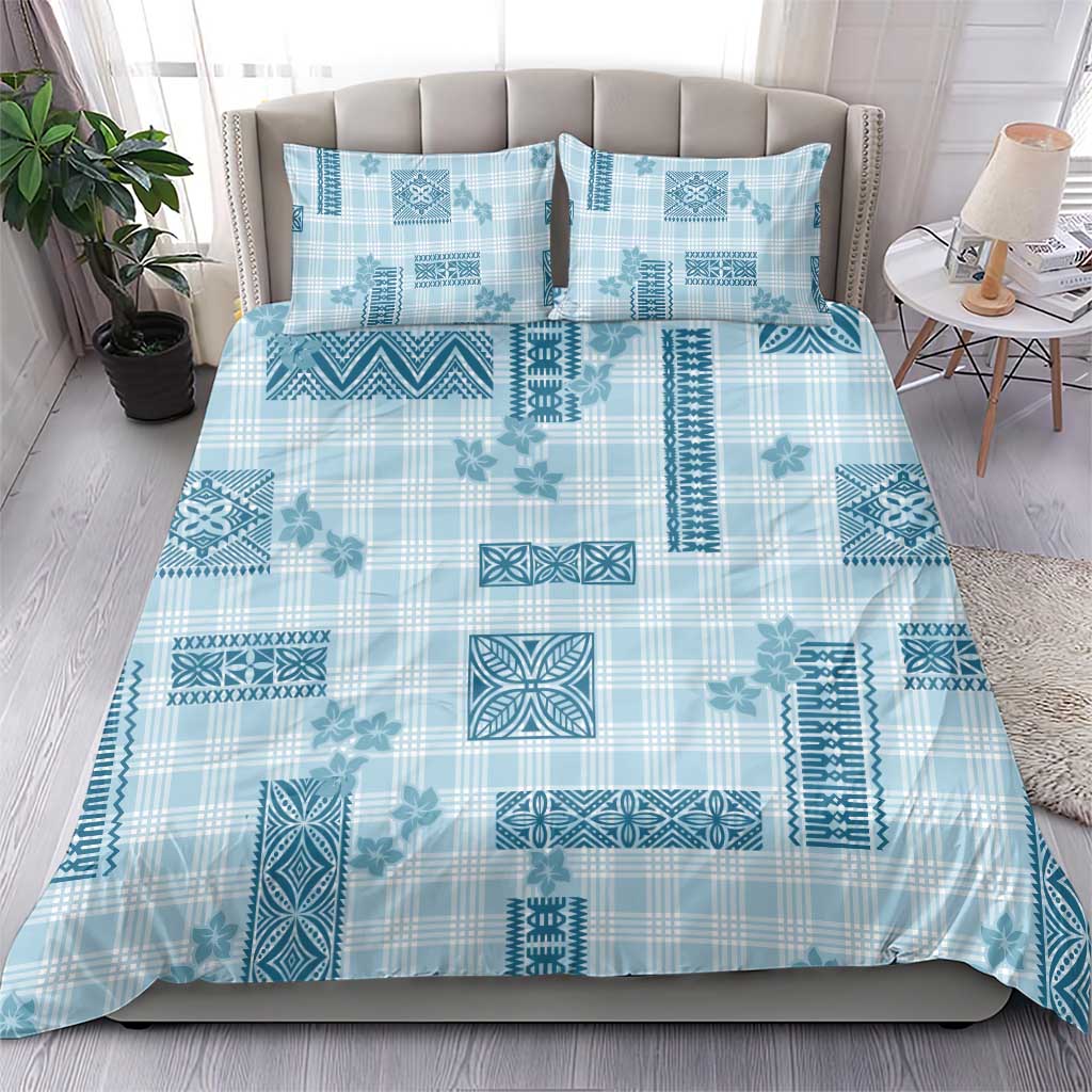 Hawaiian Quilt Tapa On Cold Blue Palaka Motifs Bedding Set