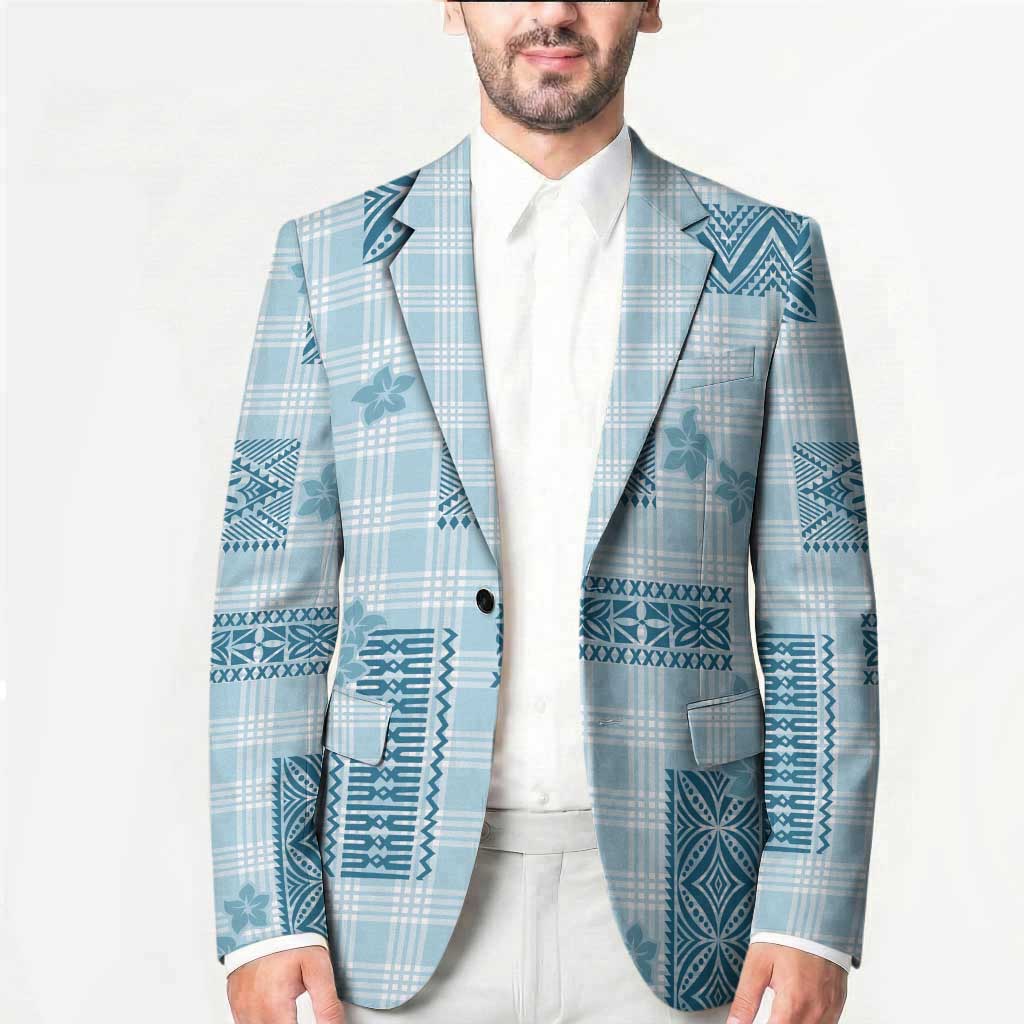 Hawaiian Quilt Tapa On Cold Blue Palaka Motifs Blazer