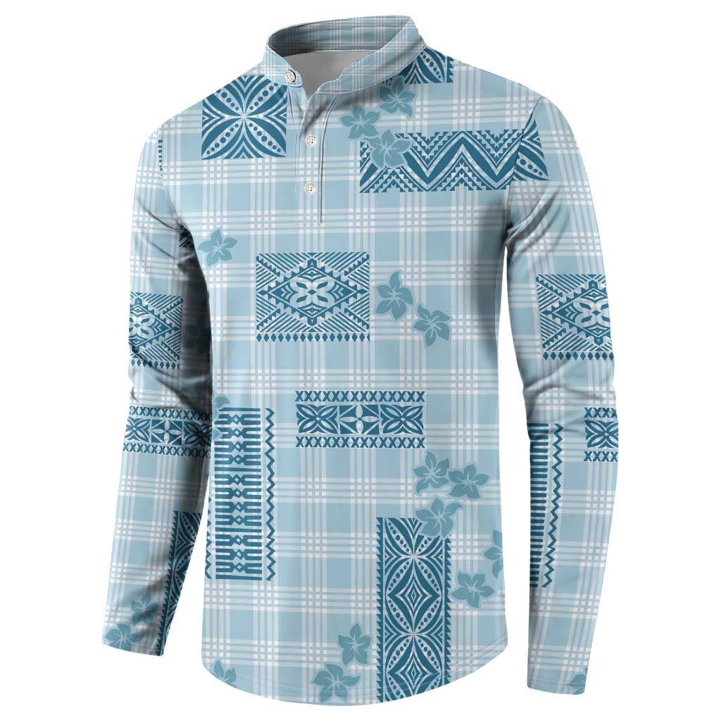 Hawaiian Quilt Tapa On Cold Blue Palaka Motifs Button Sweatshirt