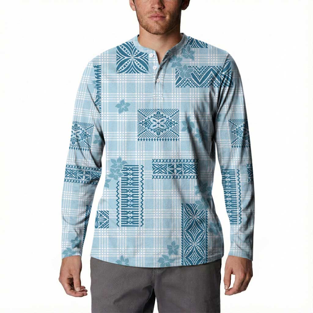 Hawaiian Quilt Tapa On Cold Blue Palaka Motifs Button Sweatshirt