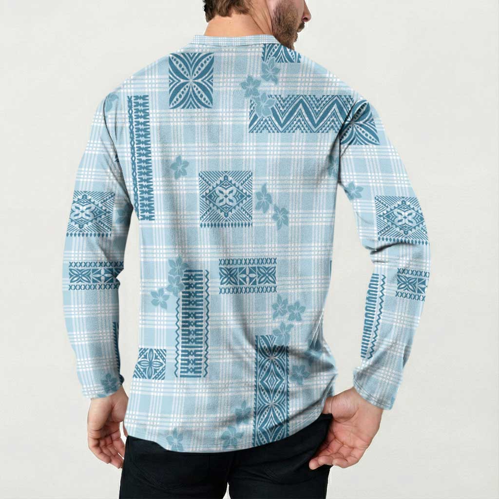 Hawaiian Quilt Tapa On Cold Blue Palaka Motifs Button Sweatshirt