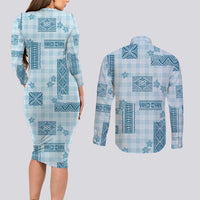 Hawaiian Quilt Tapa On Cold Blue Palaka Motifs Couples Matching Long Sleeve Bodycon Dress and Long Sleeve Button Shirt