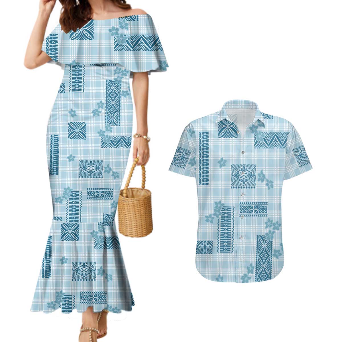 Hawaiian Quilt Tapa On Cold Blue Palaka Motifs Couples Matching Mermaid Dress and Hawaiian Shirt