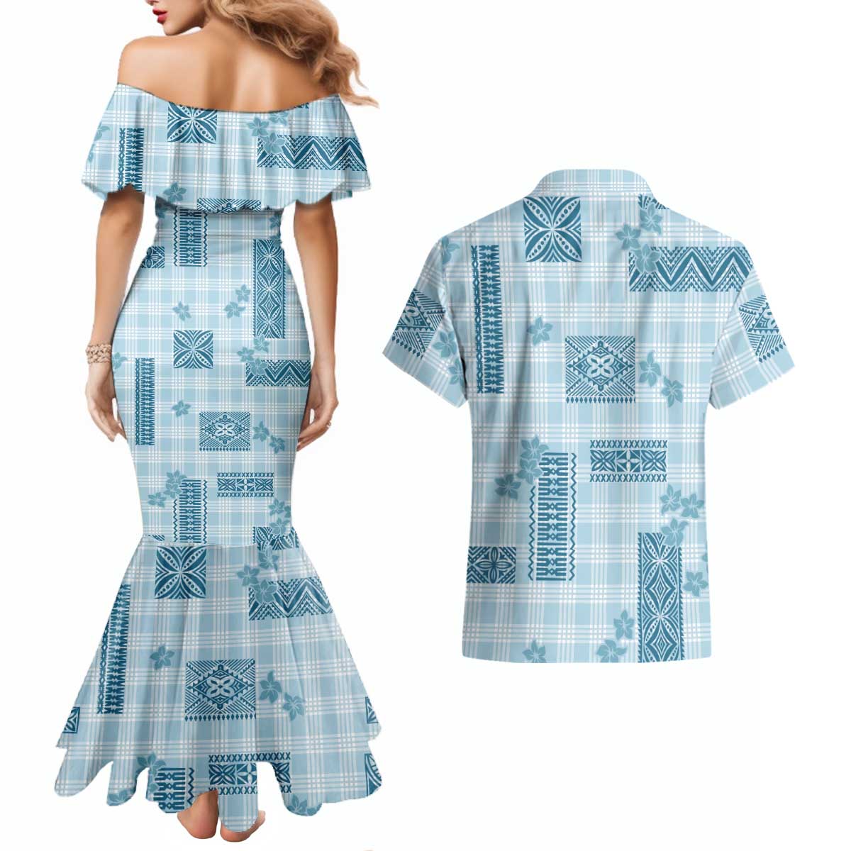 Hawaiian Quilt Tapa On Cold Blue Palaka Motifs Couples Matching Mermaid Dress and Hawaiian Shirt