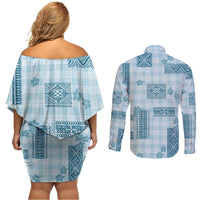Hawaiian Quilt Tapa On Cold Blue Palaka Motifs Couples Matching Off Shoulder Short Dress and Long Sleeve Button Shirt
