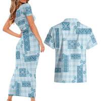 Hawaiian Quilt Tapa On Cold Blue Palaka Motifs Couples Matching Short Sleeve Bodycon Dress and Hawaiian Shirt