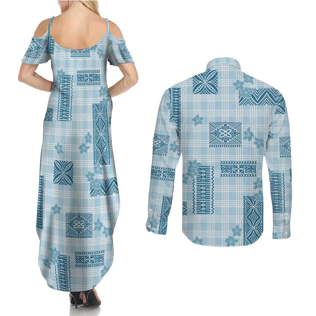Hawaiian Quilt Tapa On Cold Blue Palaka Motifs Couples Matching Summer Maxi Dress and Long Sleeve Button Shirt